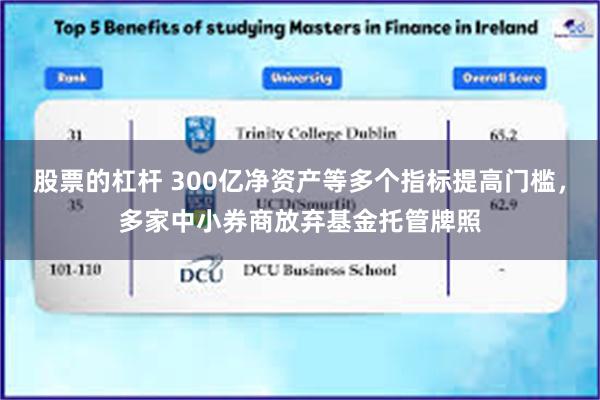 股票的杠杆 300亿净资产等多个指标提高门槛，多家中小券商放弃基金托管牌照